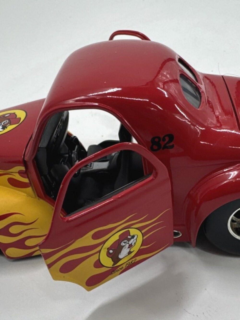 Buc-ee's Diecast 1941 Willys Coupe Car Red Yellow with Opening Doors Hood 1:24